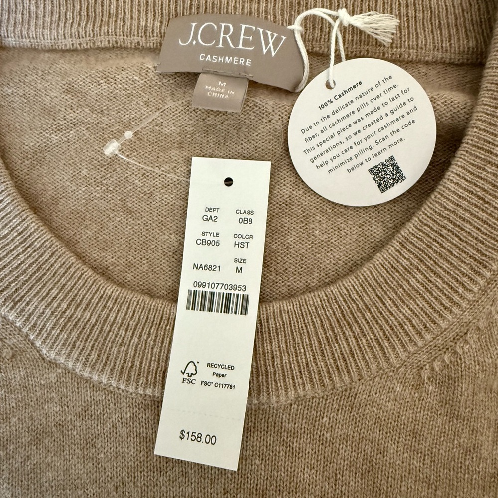 J. Crew Cashmere Sweater in Tan. Relaxed fit. Size M. New with tags